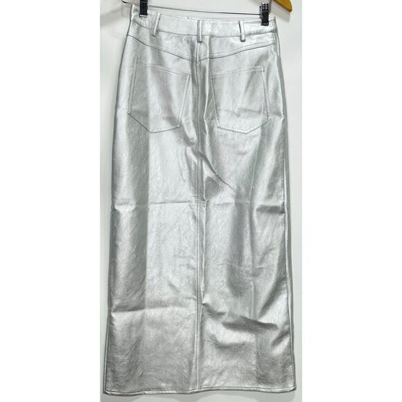 WAYF Silver Vegan Leather Midi Skirt | Metallic Faux Leather | Size XS - Picture 7 of 8